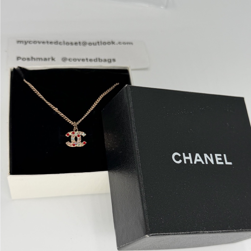 CHANEL CC Logo Pendant Necklace with Multi Color Crystals w/Chanel Box & COA!